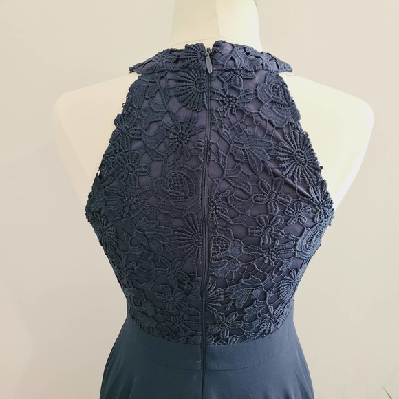 Lulu's Women Medium Picture Perfect Formal Gown Dress Navy Blue Lace Bodice Slit - Picture 6 of 11